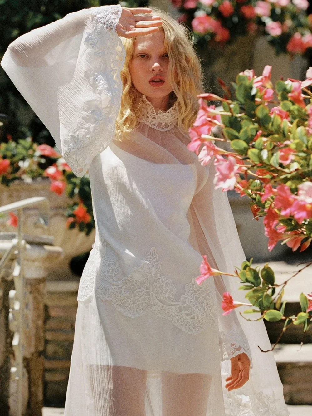Sheer Lace-Trim Long Robe in Ivory